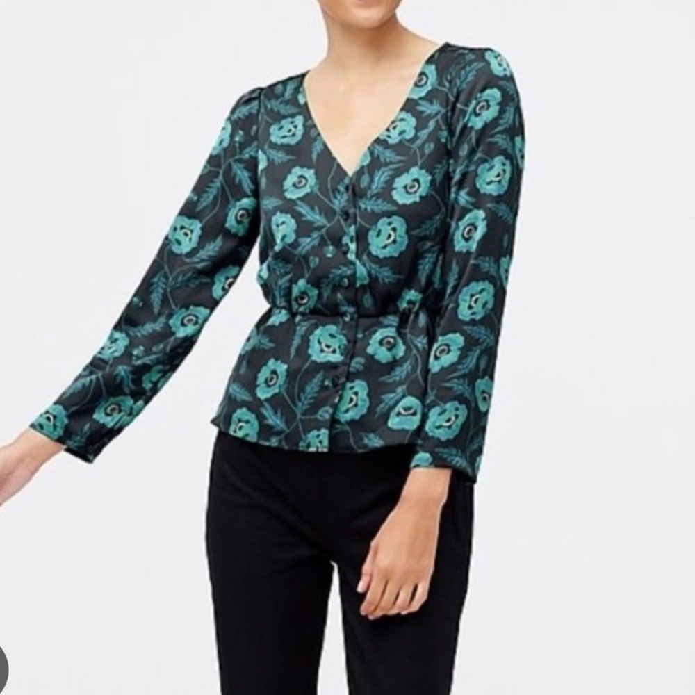 J. CREW size 2 Floral V-Neck Women's Top - Black and Green